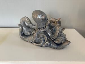 Ceramic Octopus Sculpture Blue Green Coastal Nautical Decor Statue